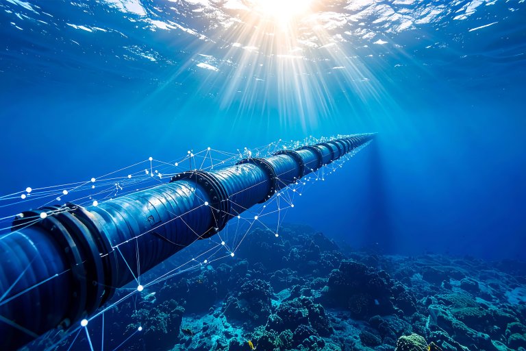 Underwater view of a long pipeline with digital connections