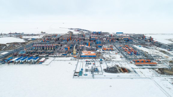 Aerial view of the Yamal complex, surrounded by snow, showcasing various facilities and equipment